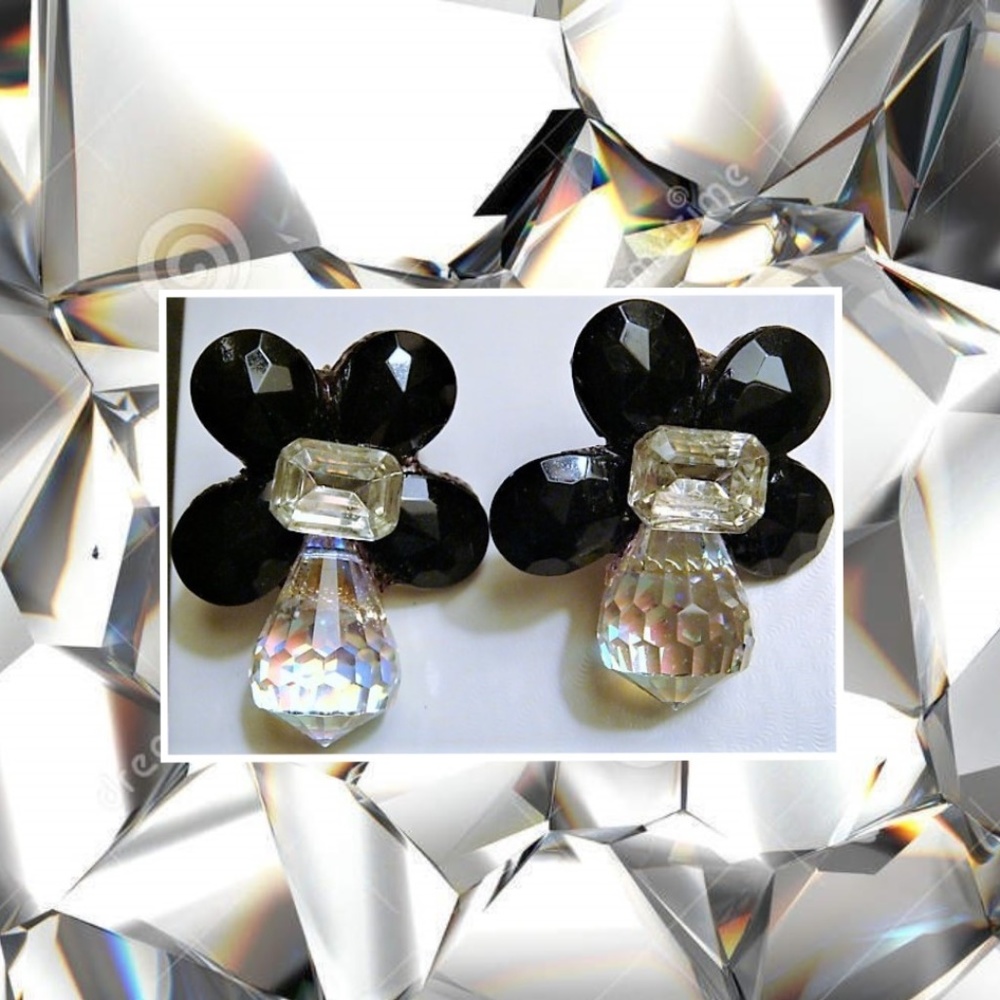 Vintage Black Iridescent Clip-On Earrings